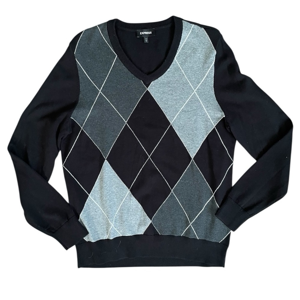 Express V-Neck Argyle men’s Sweater in Black Gray sz Large preppy classic cotton
